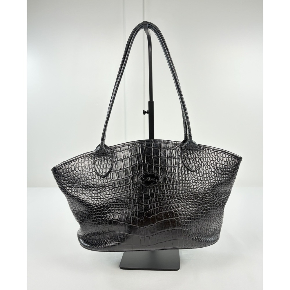 Longchamp Black Croc-Embossed Leather Shoulder Bag - Picture 2 of 14